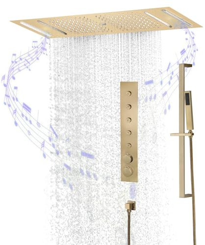 SWHC Musik Duschsystem mit Thermostat 64 Farben LED Unterputz Duscharmatur Set 5 Funktionstasten Einzeln Steuerbar 600 * 300mm Duscharmatur Komplettset mit Handbrause