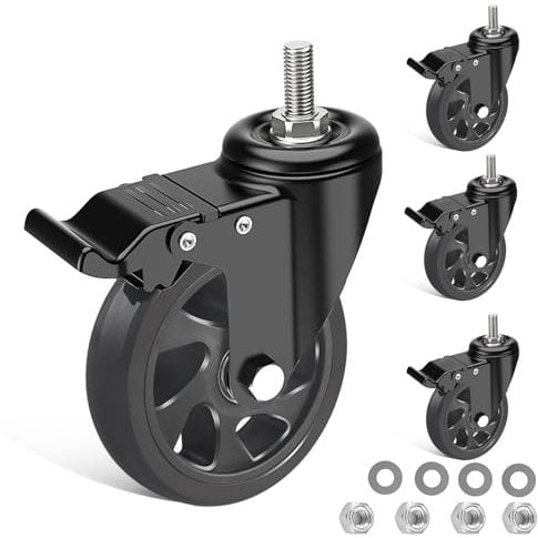 IQWTU Heavy Duty Castor with Brake, 125MM Furniture Castors with M10 X 30mm Screw Stem, PU Casters Trolley Wheels with Bolts, 4 Threaded Swivel Castors 360° Rotation up to 700KG