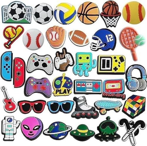 Kasoud 35PCS Soccer & Astronaut Sports Croc Pins, Kids' Sandal & Slipper Charms, Video Game & Party Favor Accessories