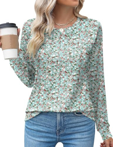 Rapbin Women's Fashion 2024 Summer Tops Dressy Casual Crewneck Long Sleeve Blouses Cute Tunic T-Shirts,Floral,XXL