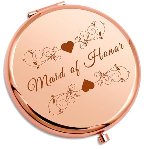 Gevody Maid of Honor Compact Makeup Mirror, Rose Gold, 2.6 Inch Round, Wedding Gift, Bridesmaid Proposal Gift, Folding Travel Mirror