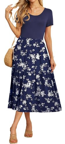 GRECERELLE Maxi Dresses for Women UK Summer Dress Short Sleeve Crew Neck Swing Dresses with Pockets for Weddings, Holidays (Blue Small Flower, L)