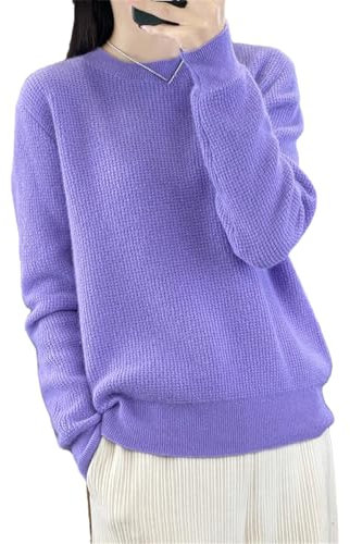 Maglione da donna a girocollo tinta unita, 100% lana merino, lavorato a maglia, a maniche lunghe, Viola, L