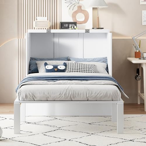 Moimhear Armario cama 90 x 200 cm, cama de pared con somier, cama plegable de pared, cama vertical con somier, cama juvenil (blanco)