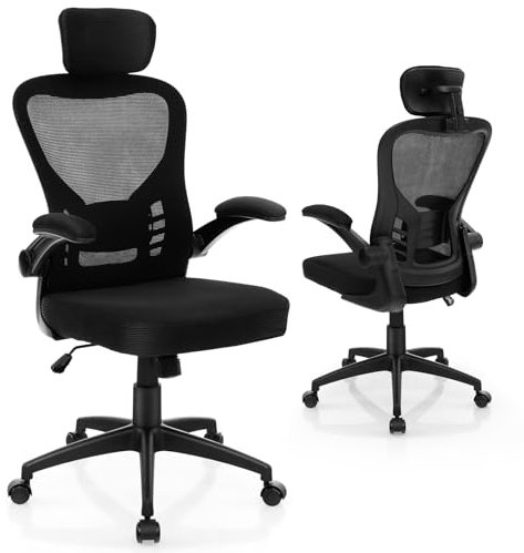 GYMAX Bürostuhl ergonomisch, höhenverstellbarer Computerstuhl aus Netzgewebe, Schreibtischstuhl mit Armlehnen & Verstellbarer Kopfstütze, Drehstuhl mit hoher Rückenlehne für Büro & Zuhause, Schwarz