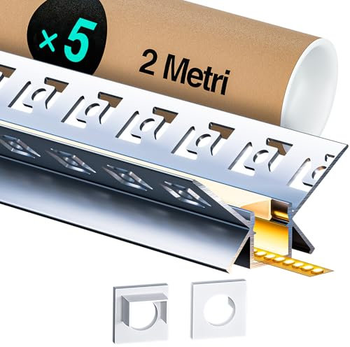 5 x LED Aluminium eckprofil 2m (12m) Led Profil 45 Grad Led Trockenbau Profil für als 9 mm Led Streifen/Led Leisten/Led Profil, with Milchig Weißer Abdeckung Endkappen - 2000 x 46,27 x 23,24 mm