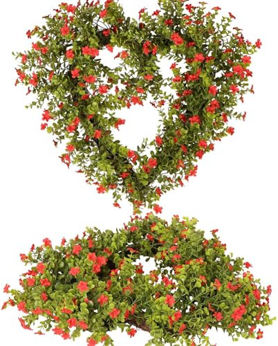 Zhemobang Frühlingsbuchsbaumkranz mit roten Blumen, 55,9 cm, fühlt sich echt an, künstlicher Grünkranz für Haustür, Hochzeit, Jubiläum, Bauernhaus und Frühling, Heimdekoration