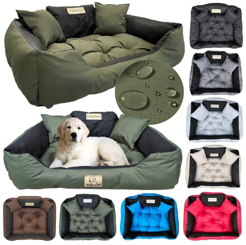 KING DOG Lit pour Moyen Chiens M 75 x 65 cm Personnalisable avec Nom Coussin Imperméable Déhoussable Lavable Canapé Confortable Moelleux Douillet Antidérapant Fabriqué en UE Couleur Vert