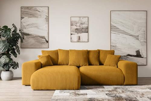 ALTDECOR Ecksofa mit Schlaffunktion und Bettkasten Corner Sofa Eckcouch Couch L-Form universal, Links/rechts angeordnet Schlafcouch Ausziehbar Wohnlandschaft Eskar-L -256x165x84cm Senfgelb