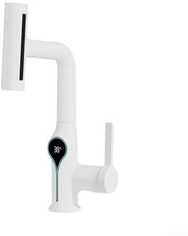 Besttoolifes Digital Temperature Display Waterfall Basin Faucet with Pull-Down Sprayer, 360° Rotation, 4 Water Modes, Adjustable Height for Bathroom Sink, Hot and Cold Mixer Tap(White)