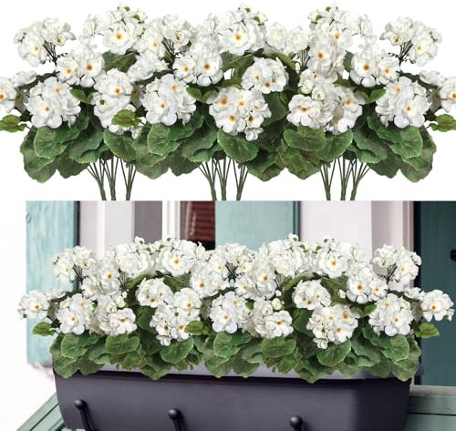 Weldomcor Künstliche Blumen, 6 Bündel im Freien und Innen Gefälschte Blumen, Geranie Blumen Dekoration Faux UV-beständige Geranienbusch für Garten Veranda Fenster Box Dekor, Weiß