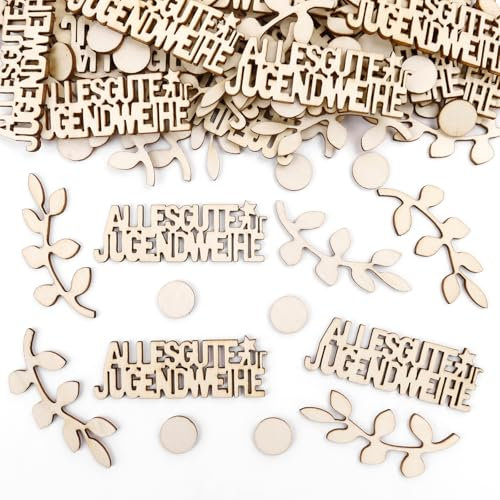 GoldRock Holz Alles Gute zur Jugendweihe Deko Konfetti Groß 1,5-6,9 cm,100 Stück Deko Jugendweihe Junge Mädchen,Eukalyptus Streudeko Tischdeko Jugendweihe Geschenke,Konfirmation Jugendfeier Dekoration