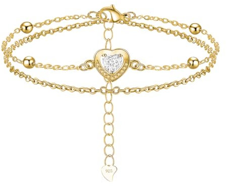 VIDONIO Layered Herz Armband Damen 925 Sterling Silber mit Herzen Cubic Zirkonia,Armband Damen Gold,Freundschaftsarmband Verstellbare Armkette Muttertag Geburtstags Weihnachten Geschenk für Sie Frauen