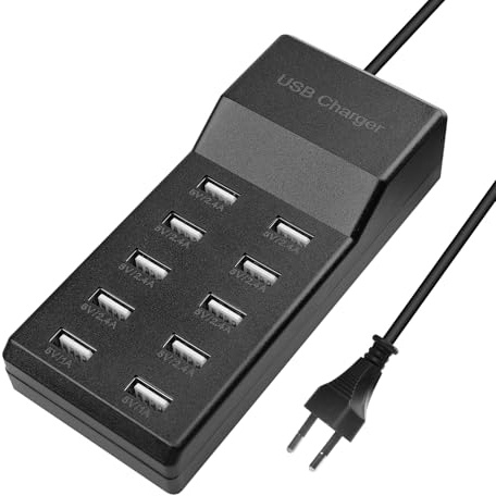 LEKEFET Cargador USB múltiple, 50 W, 10 puertos, puerto individual 5 V/2,4 A/1 A, fuente de alimentación USB, estación de carga, para iPhone, iPad, Samsung Galaxy Pixel Huawei, color negro