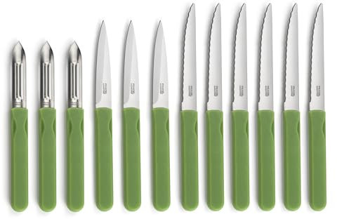 Pradel Essentiel - Set12 couteaux de cuisine : steak, office et éplucheur - Energy - Acier inoxydable 13/0, Finition Brillante - Vert