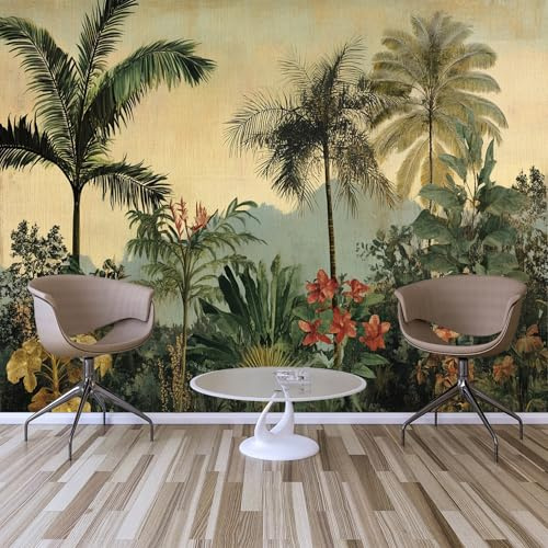Custom Size Wall Murals,Vintage Tropical Jungle Wallpaper Self-Adhesive Removable Wall Covering Fabric, Large Photo Wallpaper for Living Room Bedroom Kitchen Office Kids.