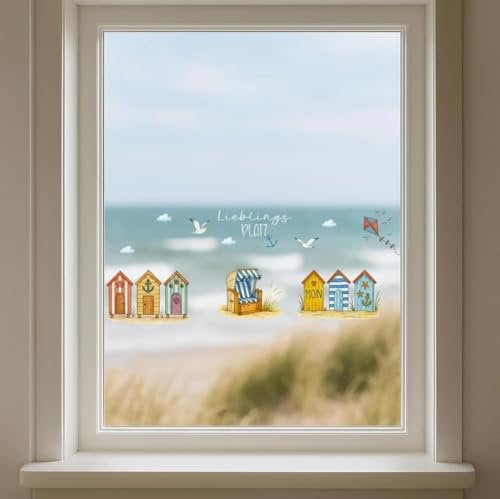 Fensterbilder Sommer – statisch haftende Fensterfolie ohne Kleber – Maritime Fensterdeko mit Strandhäusern & Möwen – Badezimmer Deko Meer – wiederverwendbar