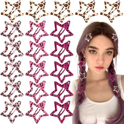 Joez Wonderful 20 Pcs Leopard Star Hair Clips, 1.18''/3cm Metal Snap Hair Clips, Cute Star Clips Hair Barrettes, Non-Slip Fashion Hair Accessories for Women (4 Styles)