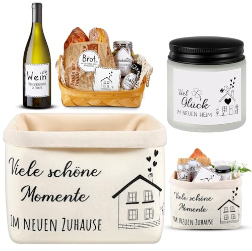 Sinmoe Einzugsgeschenke Wohnung Haus Set Brotkorb Duftkerze im Glas | Viele Schöne Momente im Neuen Zuhause, Brot Salz Wein Aufkleber, Karte zum Einzug, Richtfest, Neues Zuhause Geschenke