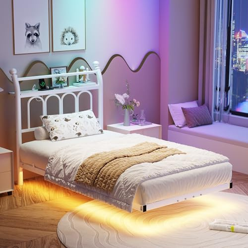 FOUBAM Bettrahmen 90x200cm mit Ladestation und LED-Beleuchtung,weiß | Robustes Metallbett mit Kopfteil Regal,Modern Gästebett Jugendbett Bettgestell,Metall Einzelbett mit Lattenrost