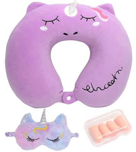 APOMOONS Cartoon Memory Foam Reisekissen Kinder Set Niedliches Plüsch Nackenkissen für Auto und Flugzeug mit Augenmaske & Ohrstöpseln, Komfort Nackenhörnchen für Kinder ab 4 Jahren