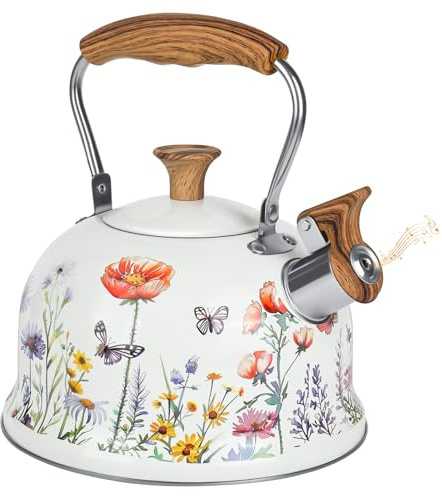 Tea Kettle - 2.7 Quart Whistling Kettle - Stove Top Kettle Gas Kettles with Anti-Hot Wood Pattern Handle -Food Grade Stainless Steel Stovetop Kettles- Anti-Rust Tea Pot for All Induction & Gas Stoves