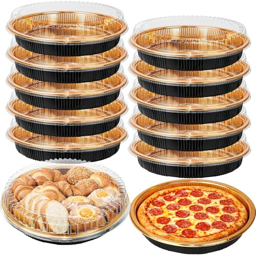 PQHIQ 12 Round Pie Carriers with Clear Lids, 32.5 cm | Reusable Plastic Serving Trays For Pies, Pizzas, Cakes, Salads And Meal Preparation At Parties And Catered Events