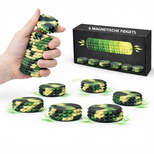 Fidget Toys 6er Set - Magnetisch und aus Silikon – Anti Stress Spielzeug, Sensory Toy zum Zappeln bei Adhs, Stressabbau für Kinder & Erwachsene (Camouflage / Army Green)