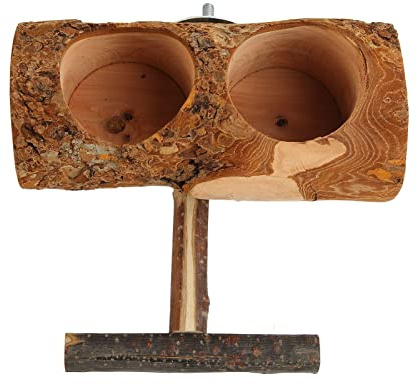Gobelets d'alimentation en Cage pour perroquets en Bois, Double Bol Naturel, arrosage des Oiseaux, gobelets avec bâton pour perroquets et Oiseaux, Bois de Pommier 6,5 x 13 x 14,5