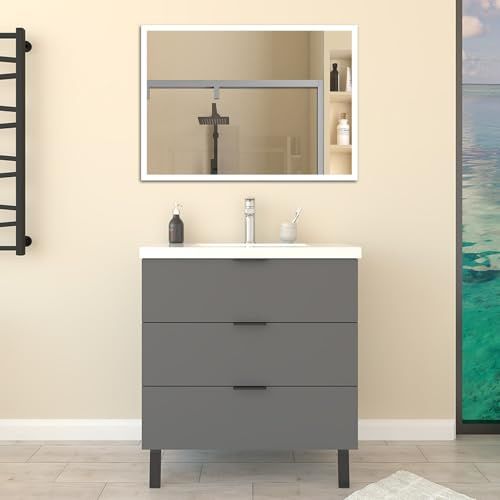 AICA Mueble de Baño con Lavabo de Piedra Artificial, 3 Cajones,79 x 46 x 85 cm,Gris Antracita,Estilo Moderno,Lavabo Blanco.