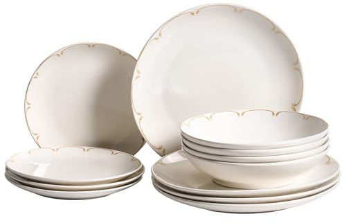 Vajilla de 12 piezas de porcelana acabado esmaltado transparente con ribete decorativo blanco y dorado Charoli