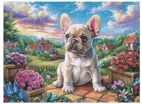500 Teile Puzzle Für Erwachsene Französische Bulldogge Blumengarten 52×38cm Umweltfreundlich Sicher Ungiftig Perfekt Für Familiengebrauch Alle Altersgruppen Bildungsspiele