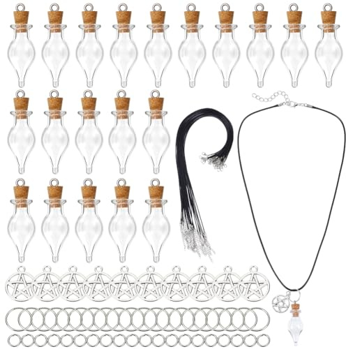PLIGREAT 20 Pcs Mini Glass Bottle Pendant Necklace, Spell Bottles with Silver Pentagram Charms Refillable Wishing Bottles with Cork, Waxed Polyester Cord for DIY Crafts Container Jars Necklace