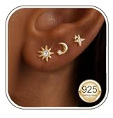 HEEYA 3 Paare Ohrstecker Set Ohrringe Gold Silber 925 Post Ohrringe Set Damen Stern Mond Sonnen Hypoallergen Ohr stecker mit 5A Zirkonia Ohrschmuck mit Geschenkbox