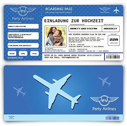 Personalisierte Foto Einladungskarten zur Hochzeit (10-100 Stück) als Flugticket mit echtem Abriss, Farbe wählbar, Umschläge optional, dickes 300g/qm Papier
