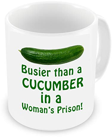 GrassVillage Funny Cucumber Mug – Busier Than a Cucumber in a Woman’s Prison – Crude Sarcastic Gag Gift for Men, Dad, Friends – Birthday, Xmas, Secret Santa, Office Banter – 11oz Ceramic Mug