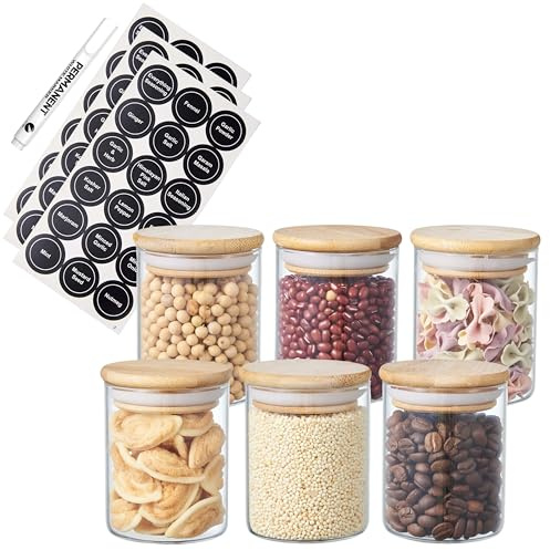ORNAMI Small Glass Food Jar with Natural Bamboo Lid and Silicone Ring for Airtight Sealing, Little Clear Canister Jar for Kitchen Storage, for Grains, Seeds, Salt, Pepper, Spices - Set of 6 (200ml)