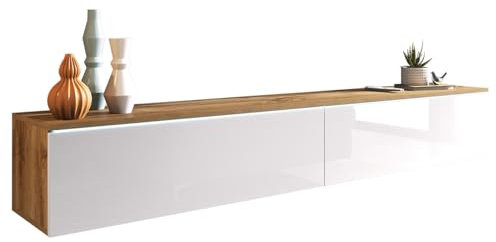 Mirjan24 TV Lowboard Stone, TV Schrank, Fernsehschrank, Grifflose Öffnen, Hängeschrank Hochglanz Matt Wohnwand (Wotan/Weiß Hochglanz, Modell: 180 / ohne LED Beleuchtung)