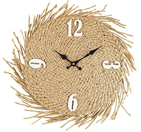 Rebecca Mobili Reloj de Pared, MDF, Relojes de Pared de Paja, Beige, Estilo Rústico, Mobiliario para Cocina y Salón - Tamaño: 45 x 45 x 4,5 cm (A x AN x FON) - Art. RE6593