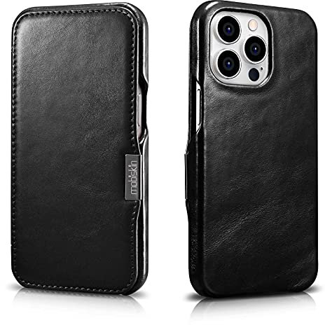 Mobiskin case compatible with Apple iPhone 13 PRO (6.1 inch), cover with genuine leather, book-style protective phone case, ultra-slim folio, thin wallet, black vintage