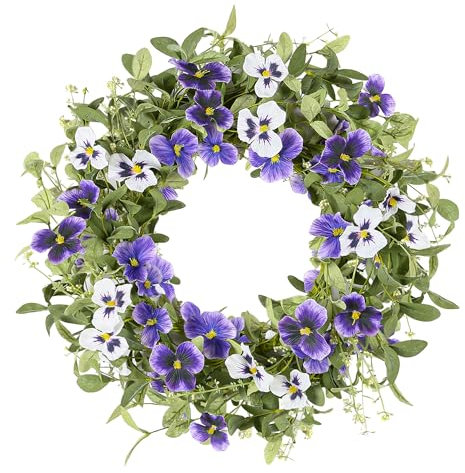 YNYLCHMX 18 Summer Wreaths for Front Door Spring Eucalyptus Wreath Door Wreaths for Spring Summer Floral Wreath with Purle Pansy for Outside Wall Window Farmhouse Indoor Outdoor Party Holiday Home