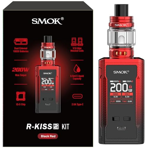 SMOK R-KISS 2 Kit | 200W R-KISS 2 Mod Vape mit 6,5 ml TFV18 Mini Tank (Verdampfer) – Kompatibel mit V18 Mini Mesh-Heizwendeln (0,33Ω / 0,15Ω) – Elektrische Zigarette No AKKU No Nicotine (Schwarz Rot)