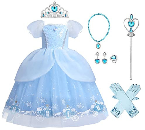 Mädchen Cinderella Kostüm Kinder Aschenputtel Kleid Karneval Fasching Cosplay Kurzarm Prinzessinenkleid Tüll Maxikleid Halloween Geburtstagsfeier Festliches Festkleid mit Zubehör Himmelblau 2-3 Jahre
