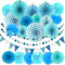 21Pcs Paper Fans Party Decorations Set, Blue Hanging Paper Fans, Pom Poms Flowers and Triangle Bunting Flags for Birthday Party, Wedding Decorations, Baby Showers Decoration