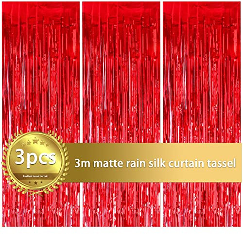 3 STK Rot Folien Vorhänge, 1 x 2.5 m Lametta Vorhang Hintergrund, Selbstklebender Metallische Lametta Vorhänge, Wand Glitzer Vorhang Deko für Geburtstag, Hochzeit, Party, Tür, Fenster, Deko