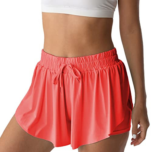Flowy Athletic Shorts für Damen, Laufen, Tennis, Schmetterling-Shorts, Mädchen, 2-in-1, doppellagig, schnelltrocknend, bequeme Shorts, Orange, rot, XS
