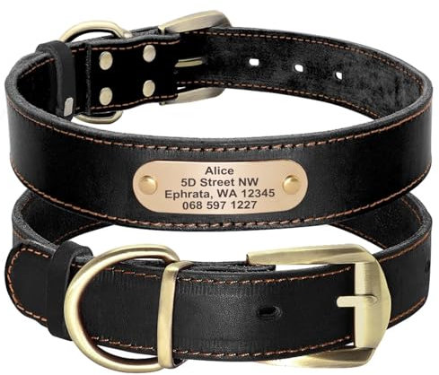 Didog Hundehalsband aus echtem Leder mit graviertem Namensschild, personalisierbar, weiches Leder, Hundehalsband mit individuellem ID-Etikett,