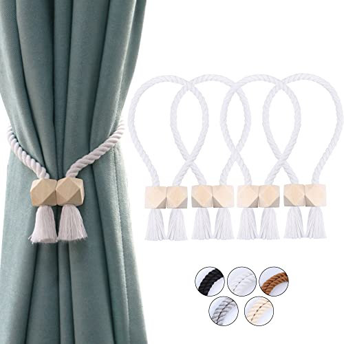OCIOLI 4 Stück Starke magnetische Vorhang-Raffhalter, Raffhalter für vorhänge, gardinen Raffhalter, Raffhalter magnetisch, handgewebt Raffhalter, Vorhang Raffhalter (weiß, 4)