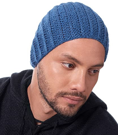 INTI ALPACA INTI0583 Herren Stahl Blau Alpaka Skull Mütze - Handgestrickt aus Alpaka Wolle - Unisex Winter Kopfbedeckung Beanie Mütze, stahlblau, Einheitsgröße