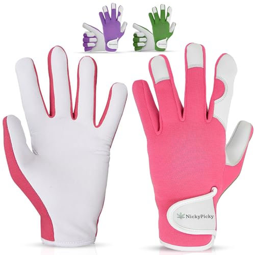 NickyPicky Leather Gardening Glove for Men and Women - Breathable Thorn Proof Construction - Multipurpose Work Glove - Heavy Duty Gardening Gift